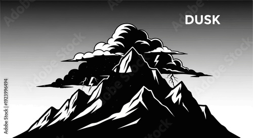 Stormy, lightning-filled mountain peaks loom under dark, brooding clouds at dusk