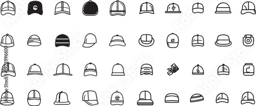 Extensive collection of 40 minimalist line icons featuring various styles of headwear including baseball caps, beanies, sun hats, and bucket hats.