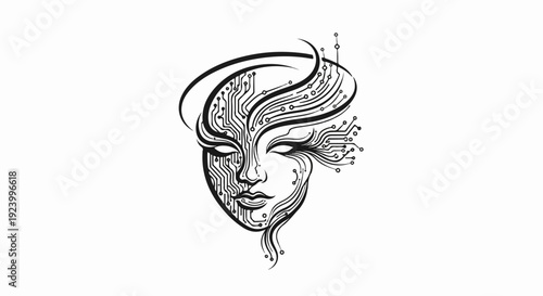 Stylized digital face with circuit board patterns, monochrome artwork