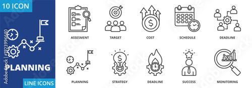 planning icon set collection. Icon pack contain Assesment, target, cost, schedule, team, planning, strategy, deadline, success, monitoring