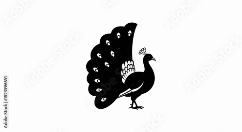 Stylized black silhouette of a peacock with fanned tail
