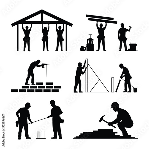 A set of construction worker silhouettes illustrating various building and labor tasks in a flat, minimalist design style.