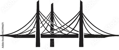 Stylized black and white illustration of a cable-stayed bridge with three towers