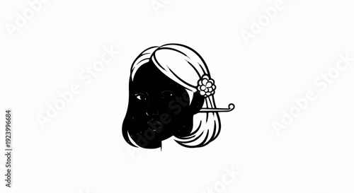 Stylized black and white profile of a woman with hair ornament