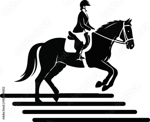 Stylized black silhouette of a horse and rider jumping an obstacle