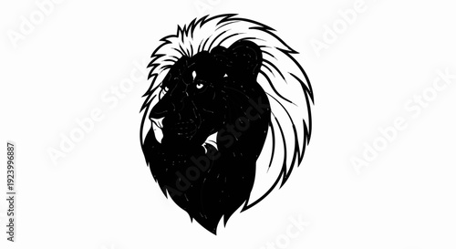 Stylized black silhouette of a fierce lion's head with flowing mane