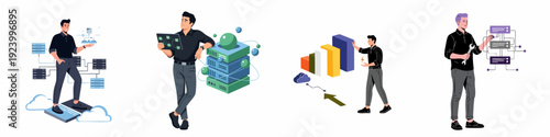 IT Professionals Managing Cloud Infrastructure and Data: A Collection of Vector Illustrations Depicting System Administration, Network Architecture, Data Analysis, and Technical Support.