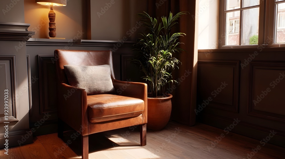 Fototapeta premium A richly textured brown leather armchair bathed in warm sunlight situated in a classic cozy interior with a vibrant potted plant and wooden floors