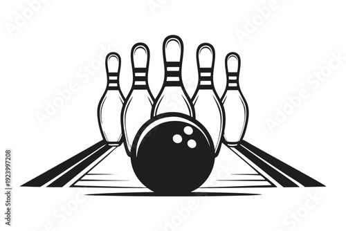 Striking black bowling ball aligns with five white bowling pins in monochrome design