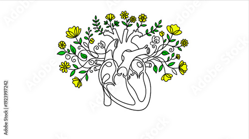 A clean and elegant line art vector depicting a human heart integrated with organic flowers and leaves, symbolizing growth, emotional health, and the connection between nature and life.
