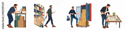 Diverse logistics and supply chain operations, featuring a man managing inventory, shipping, and global distribution strategy, illustrating efficient warehouse management and cargo transport.
