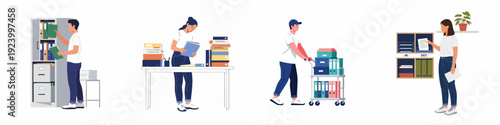 Office workers engaged in document management and organization, handling files, paperwork, and administrative tasks, illustrating efficient workflow and record keeping.