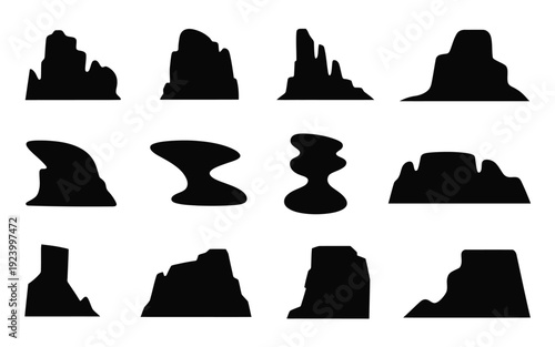 Collection of black silhouettes of various rock formations on white background for design and illustration