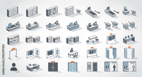 Isometric view of various retail store fixtures and display elements.