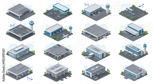 Isometric view of various modern airport terminal buildings and control towers.