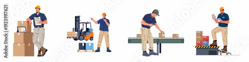 Logistics and Warehouse Operations: Workers Managing Inventory, Shipping, Forklifts, and Package Tracking in a Modern Supply Chain.