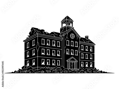 Black and white silhouette of a destroyed school building with a collapsed roof and bell tower, illustrating war damage, neglect, or urban decay.