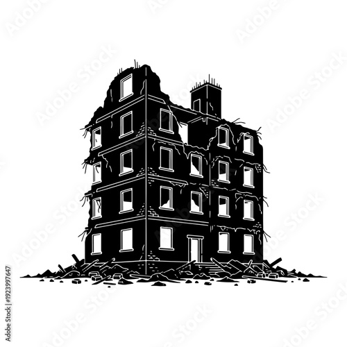 A high-contrast black and white vector illustration of a destroyed multi-story building, depicting war aftermath, rubble, and abandoned urban ruins.