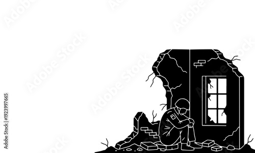 A black and white vector illustration of a despondent soldier sitting amidst the ruins of a destroyed building, symbolizing the emotional toll and devastation of war.