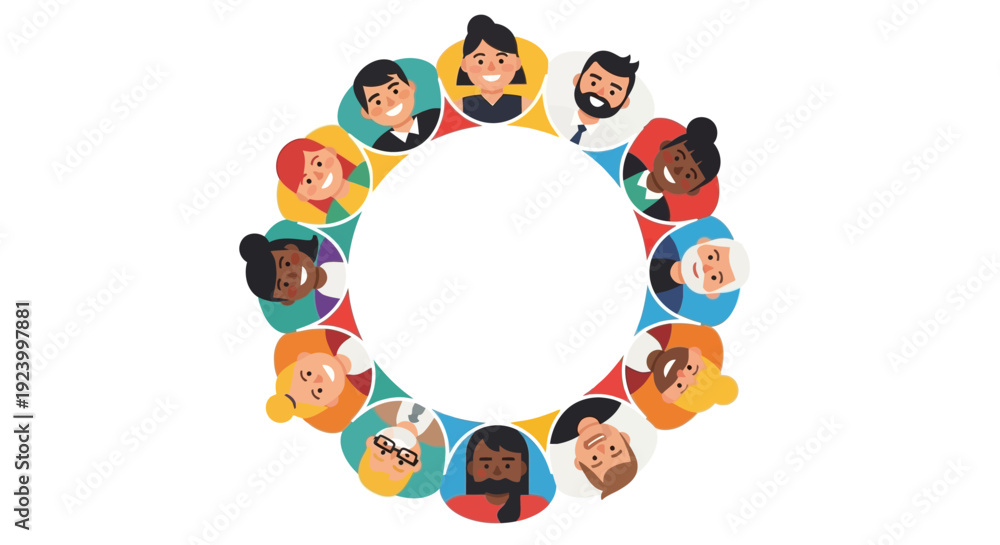 Fototapeta premium Diverse Global Community Network: Multiracial People Avatars in a Circular Frame with Copy Space, Concept of Teamwork and Inclusion