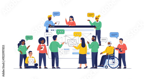 Diverse Team Collaborating on Web Design and UX/UI Development. Inclusive Brainstorming for Digital Product Strategy.