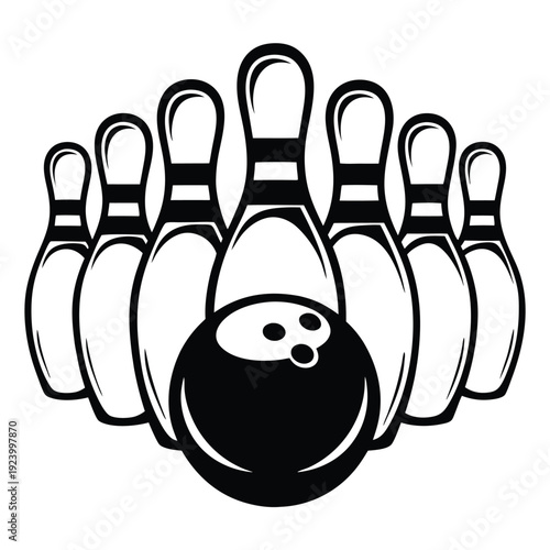 A black bowling ball sits before seven pins in a monochrome view