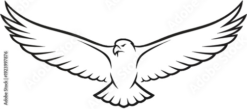 Stylized black and white line drawing of a majestic bird of prey in flight