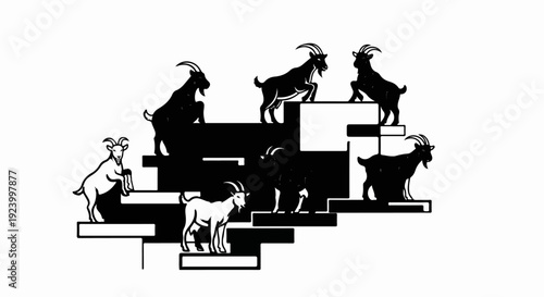 Stylized depiction of goats interacting on abstract geometric platforms