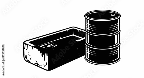 Stacked metal drums and a rectangular container, stark black and white illustration
