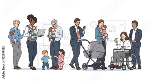 Diverse Working Parents Balancing Career and Family Life in a Modern and Inclusive Workplace Illustration