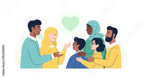 Diverse Group Showing Unity, Support, and Empathy with Glowing Heart Icon. Modern Vector Illustration of Multicultural Community Connection.