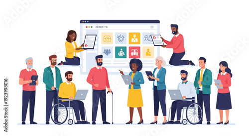 Diverse Workforce & Community Accessing Online Benefits: Healthcare, Employee & Social Support Portal