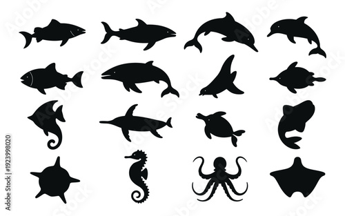 Fotografie Collection of black ocean animal silhouettes on white background marine life ico
