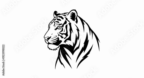 Stylized black and white illustration of a fierce tiger's head in profile