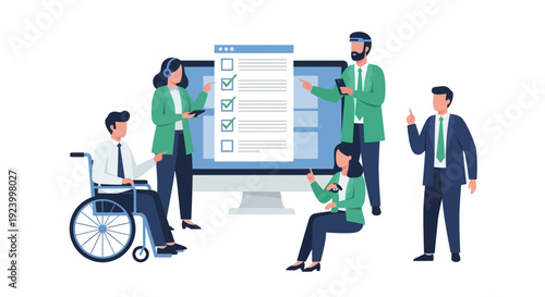 Diverse Business Team Collaborating on Digital Checklist or Online Survey, Highlighting Task Completion, Project Management, and Inclusive Workflow