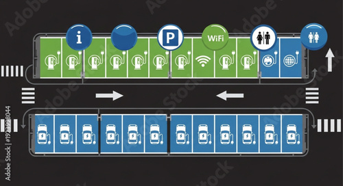 Parking lot with various facilities and directional arrows for guidance and navigation.