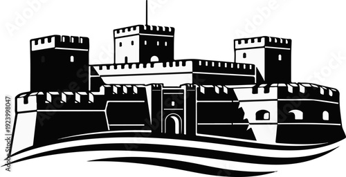 Stylized black and white illustration of a fortress with crenellated walls and towers