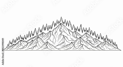 Stylized black and white sketch of a majestic mountain range with pine trees