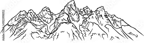 Stylized black and white sketch of a mountain range with jagged peaks and deep valleys