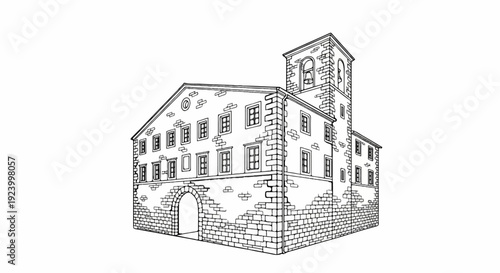 Stone building with arched entryway and bell tower, hand-drawn style