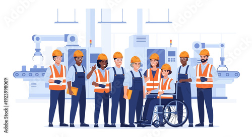 Diverse & Inclusive Factory Team: Professional Industrial Workers & Engineers in Modern Manufacturing Plant with Robotics