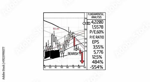 Stock market chart displaying candlestick patterns and fundamental analysis data