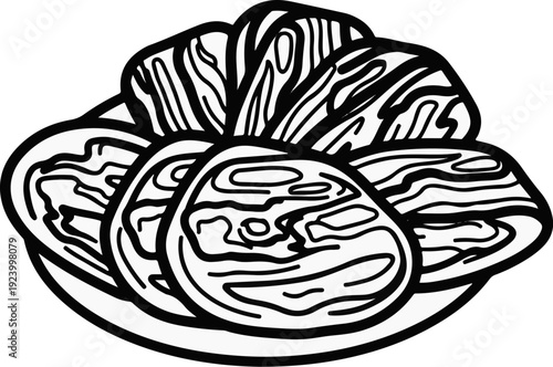 Stylized black and white illustration of a fruit platter with sliced fruit