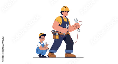 Father and Son Electricians: Mentor and Apprentice Learning Trade Skills Together, Representing Career Development and Generational Knowledge Transfer