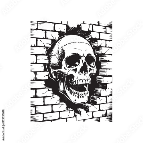  Engraving Vintage Edgy Human Skull Breaking Through Brick Wall Vector Illustration