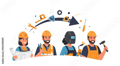 Diverse Tradespeople Illustrating Career Growth and Industry Progress with Tools and Professional Development Path Vector Illustration