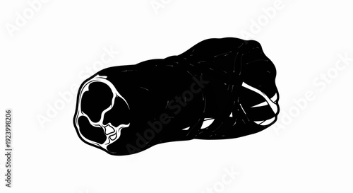 Stark black and white illustration of raw meat with bone