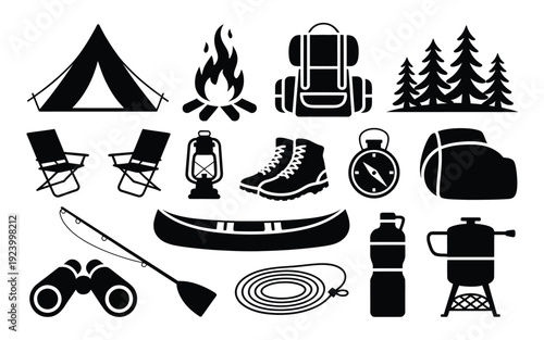 Camping gear icons including tent backpack hiking boots and outdoor equipment for adventure and travel in nature