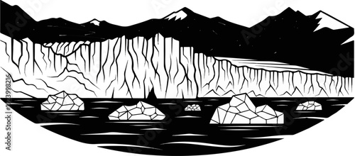 Stark black and white illustration of an icy landscape with mountains and glaciers