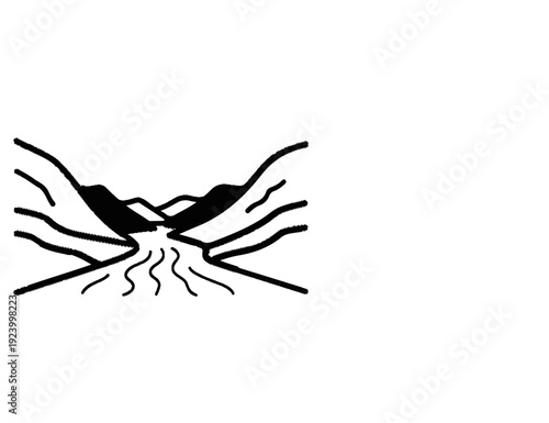 Stylized black and white sketch of a winding river flowing through a mountain valley